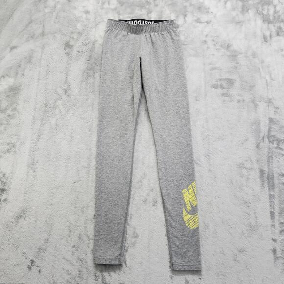 Nike Leggings Womens XS Heather Gray Yellow Logo Leg-A-See Fold Over Waistband - Picture 1 of 12